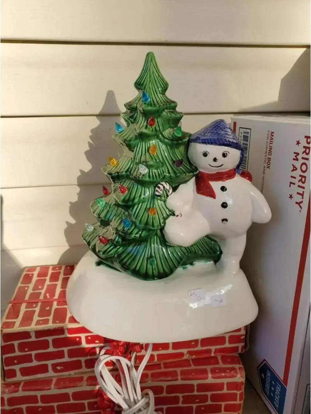 Ceramic Christmas tree with lights, Ceramic Snowman figurine, Antique ornament